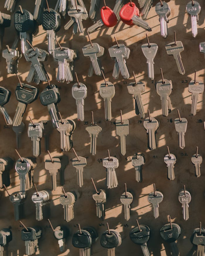 service-04 A collection of assorted metal keys hanging on a wall with hooks, casting shadows.